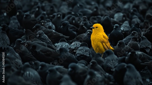 A yellow bird stands out in a flock of black birds photo