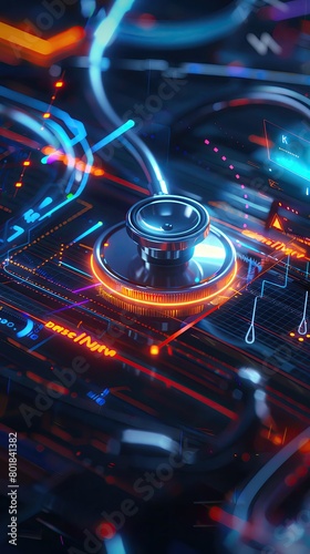 Macro view of a futuristic stethoscope diagnosing digital heartbeats on a glowing, interactive chart photo