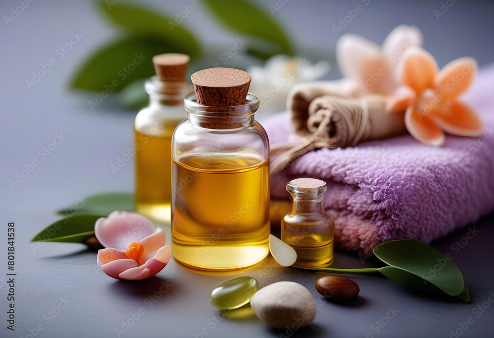 A spa set-up with essential oils and a diffuser on a grey table with a muted background. A spa set-up with essential oils and a diffuser on a grey table with a muted background.