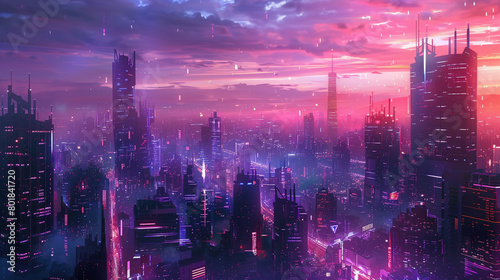 A panoramic view of a futuristic city skyline at dusk, where neon lights and towering skyscrapers blend to create a vibrant tapestry of urban life © ch3r3d4r4f43l