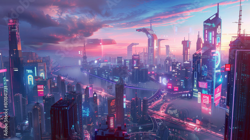 A panoramic view of a futuristic city skyline at dusk  where neon lights and towering skyscrapers blend to create a vibrant tapestry of urban life
