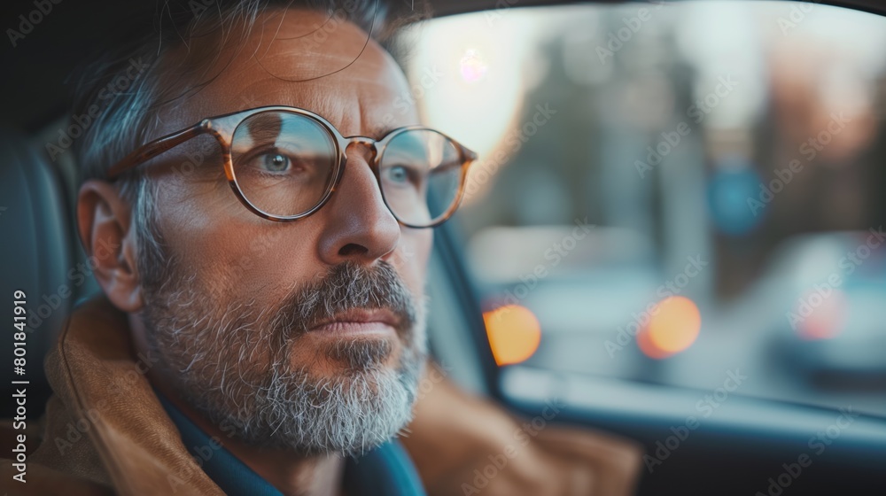 Mature man driving car at dusk, contemplative expression reflecting on life's journey, Concept of aging, reflection, and modern commuting in urban environment Mature man driving car at dusk, contemplative expression reflecting on life's journey, Concept of aging, reflection, and modern commuting in urban environment