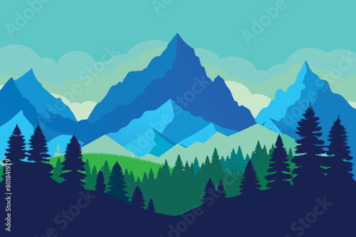 Silhouette of nature landscape. Mountains  forest in background. Blue and green illustration design
