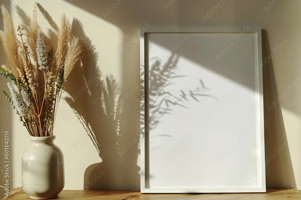 Picture frame on wooden table near vase of dried flowers, mockup