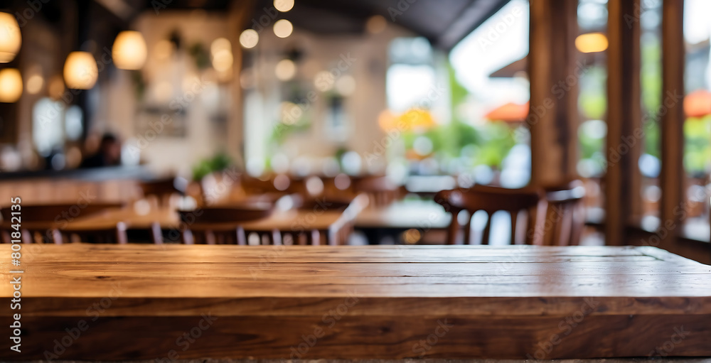 wooden table top  blur bokeh Background Ready for product Display, Empty wooden table top with lights bokeh on blur restaurant background