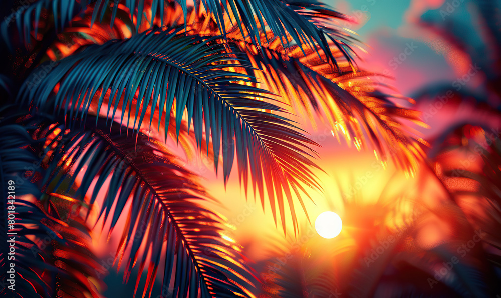 The warm glow of a sunset seen through silhouetted palm fronds. Generate AI