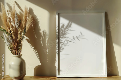 Picture frame on wooden table near vase of dried flowers, mockup