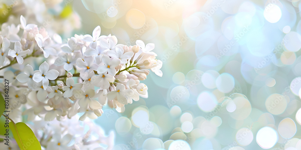 White Lilac Flower Branch on a Defocused Blur Bokeh Effect Background with Copy Space for Your Text Spring Cherry Blossom Abstract Background of Macro Cherry Blossom Tree Branch Happy Passover