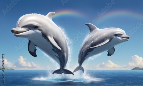 dolphins humpback breaching the ocean surface creating a rainbow spray © Dina