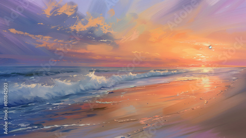 A serene beach scene at sunset, with waves gently lapping against the shore and the sky painted in hues of orange, pink, and purple
