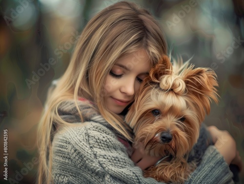 A young beautiful woman gently hugs her Yorkshire terrier dog 