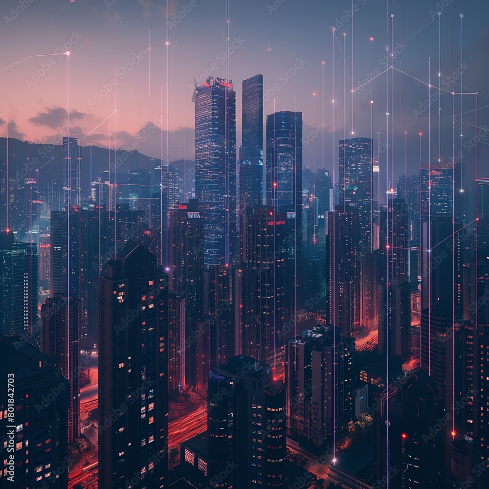 Fototapeta premium aerial view of city skyline. network high speed internet. satellite communication beam. illustrating the seamless connectivity and global reach.