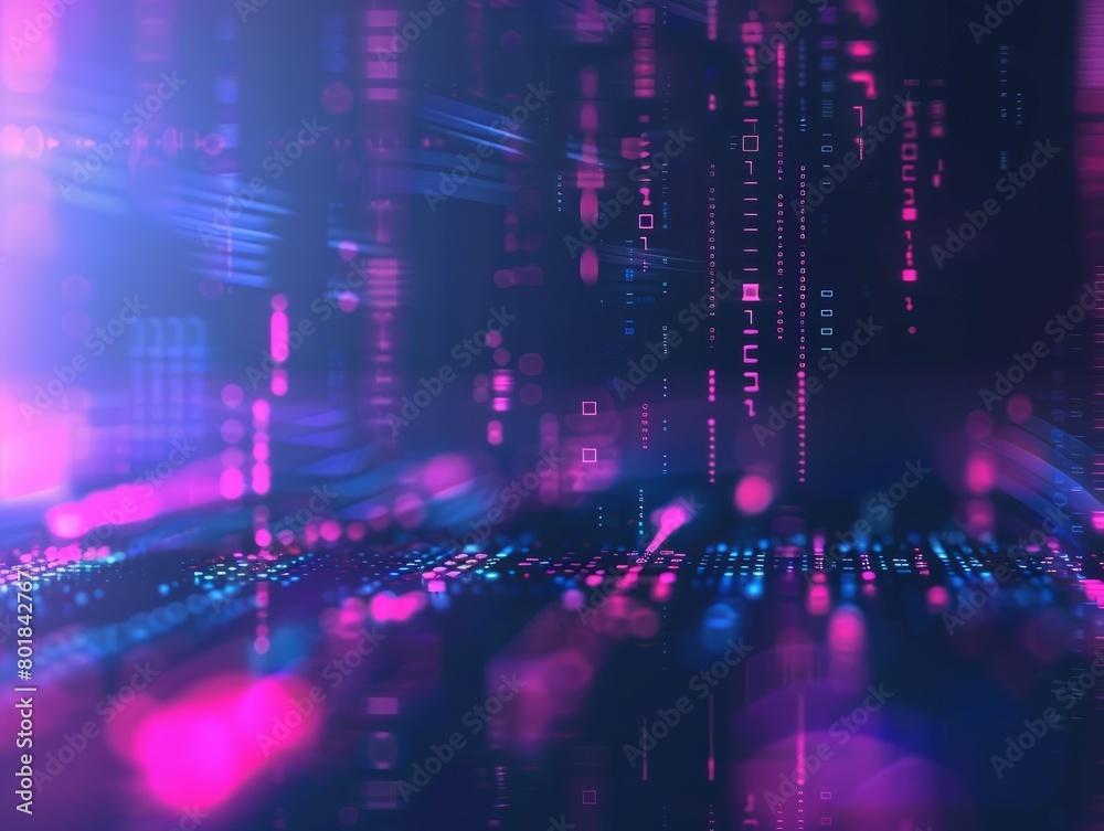 Abstract minimalistic dark blue and neon background with blurred computer code. 