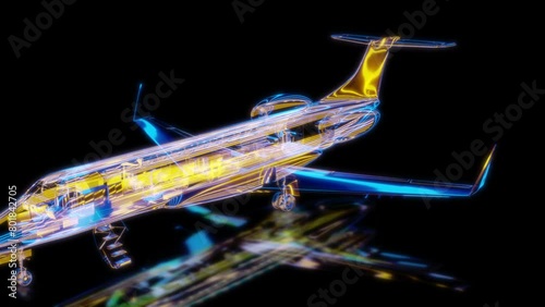Rendering 3D animation, VISUAL EFFECTS business jet aircraft Model on a black background