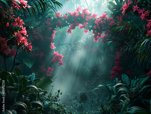 A dense jungle with bright flowers, palm leaves, and foggy lighting. © wcirco