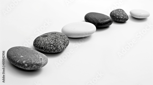 Minimalist black and white design of smooth pebbles arranged in a gentle curve on a stark white background