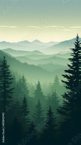 Majestic Mountain Morning, Pine Trees Silhouette, Realistic Mountains Landscape. Vector Background