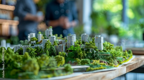 Intricately detailed miniature cityscape model with green trees and modern buildings  depicting urban development and architectural design concepts