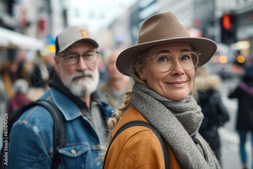 Portrait of happy senior couple walking in the city. They are wearing hats and scarves.