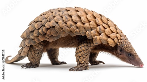 Pangolin standing isolated on white background, showcasing unique protective keratin scales, wildlife conservation, and endangered species concepts