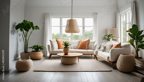Scandinavian style, White walls, light wood floors, mid-century modern furniture, and pops of pastel colors, ceramic vases, indoor plants, and woven rugs © Hans