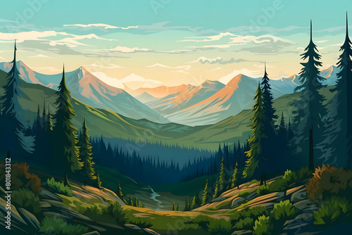 Sun kissed Peaks, Pine Forest Vista, Realistic Mountains Landscape. Vector Background