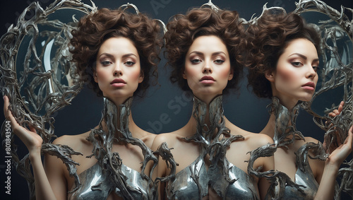 three identical women with brown hair wearing silver metallic corsets and strange metal contraptions around their necks. photo