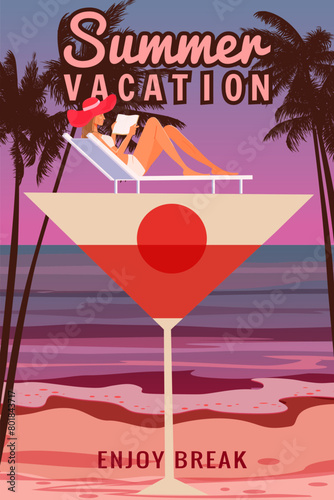 Poster Summer Vacation sea ocean sunset beach cocktail party.