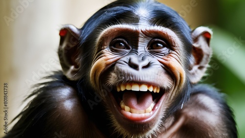 Close up of A baby monkey is smiling and laughing. The monkey has a black and white face and is looking at the camera