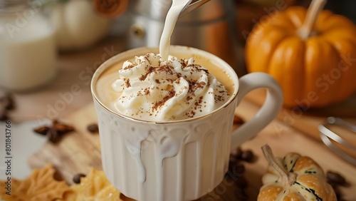 Pouring warm milk into pumpkin spice coffee with whipped foam in kitchen. Concept Food photography, Homemade drinks, Breakfast scene, Pumpkin spice latte, Whipped foam art photo