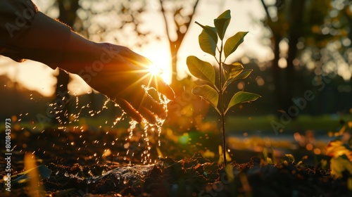 hand watering water to young tree growing up in park in sunset, save and green world concept, Generative ai hyper realistic 