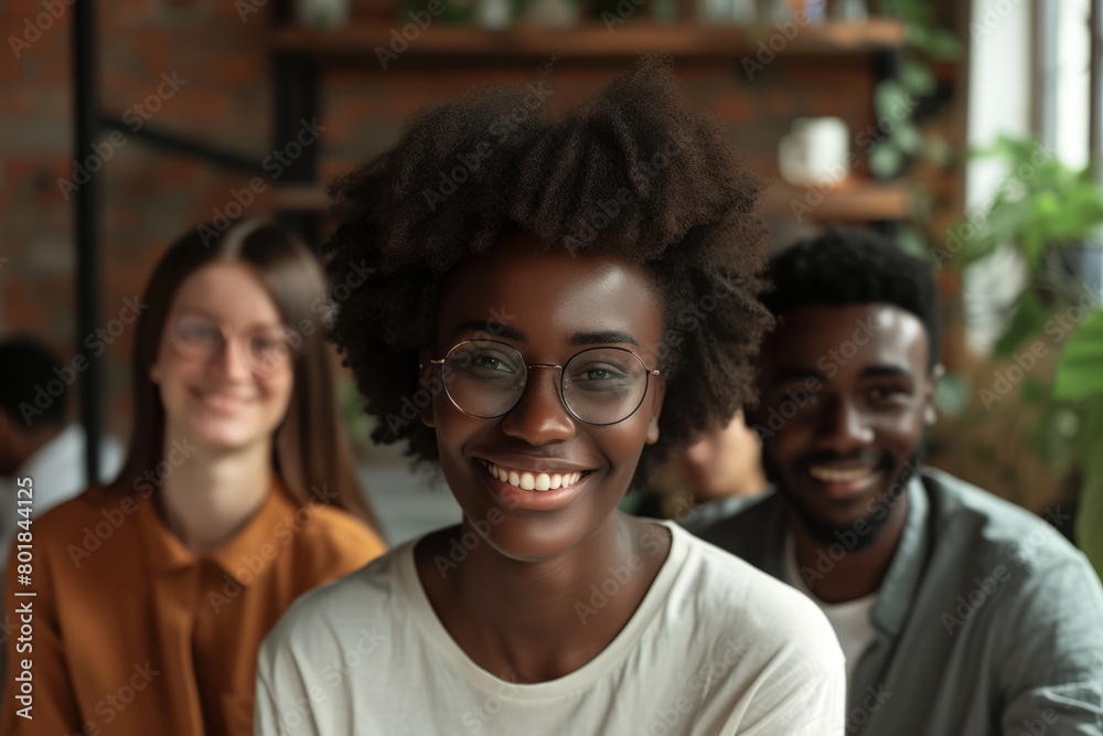 Portrait of a smiling young african american woman with her colleagues in the background