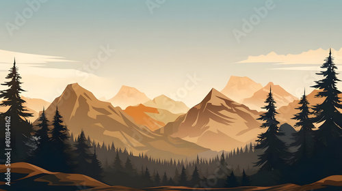 Pine clad Peaks, Mountain Silhouettes, Realistic Mountains Landscape. Vector Background