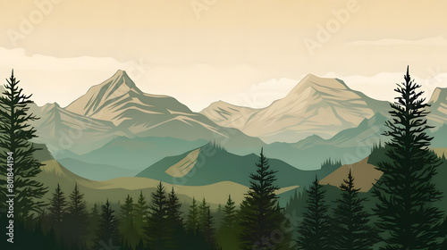Pine clad Peaks, Mountain Silhouettes, Realistic Mountains Landscape. Vector Background