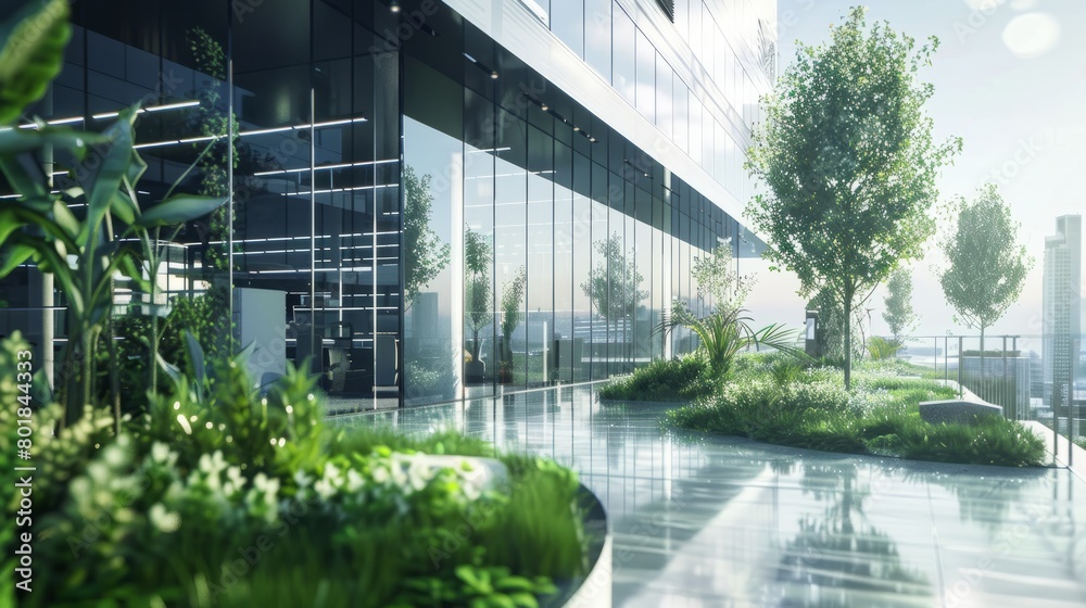 Modern office green building. Panoramic view. Generative AI. hyper realistic 