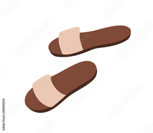 Modern summer slide sandals for women. Open footwear with wide strap. Fashion stylish casual beach shoes, backless design, flat sole. Trendy foot wear. Vector illustration isolated on white background