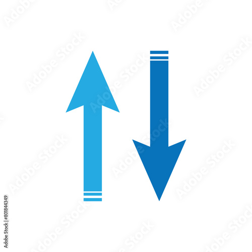 Simple up and down arrows. Upward, downward arrows in blue isolated on white background, set of two. Flat style eps 10 vector illustration.