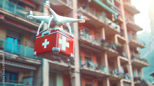 Drone  Quadcopter Carrying First Aid Kit in Urban Area photo