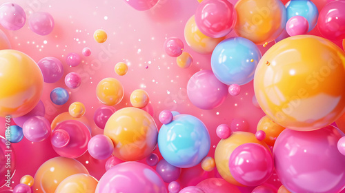 top view pink blue yellow plastic balls on pink background, childhood candy abstract background