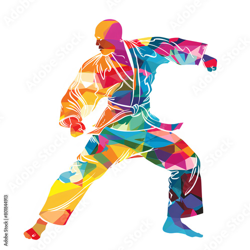 Colorful Geometric Martial Artist in Action Pose on White Background