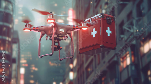 Drone Quadcopter Carrying First Aid Kit in Urban Area