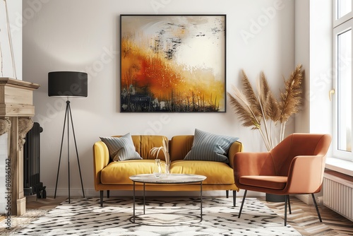 boho style abstract art print 5K AR 23 on a stand alone wall art fall color with soft colours mostly but with some strokes of black. photo