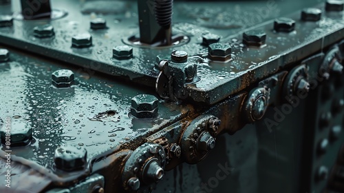 Closeup of a hightorque tool in use, fastening bolts on the armor of a tank, demonstrating the robust construction techniques required for military vehicles.