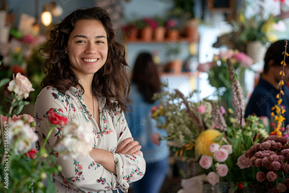 Portrait of a female florist standing with her arms crossed and smiling at the camera while a couple shops in the flower shop