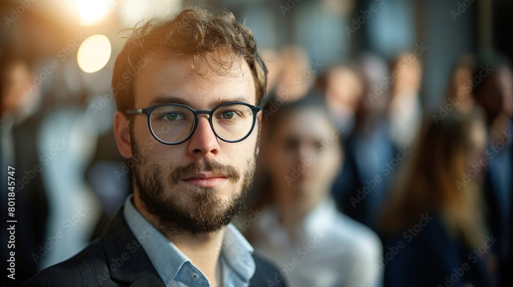 Blurred handsome young businessman with glasses and a beard standing in front of a crowd of business people. copy space for text. Blurred handsome young businessman with glasses and a beard standing in front of a crowd of business people. copy space for text.