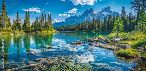 Forest and mountain landscape with crystal clear water providing stunning natural scenery along a high edge