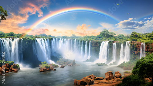 A rainbow over a waterfall with a rainbow in the sky picturesque background
 photo