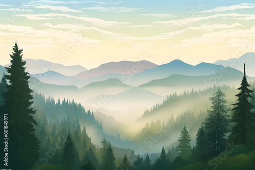 Misty Morning Mountain, Pine Forest Vista, Realistic Mountains Landscape. Vector Background
