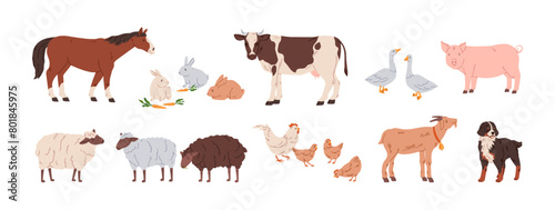 Farm animals set. Domestic livestock. Horse, cow, hen and chicken, sheep, goat, pig, rabbits and shepherd dog. Rural countryside fauna collection. Flat vector illustration isolated on white background