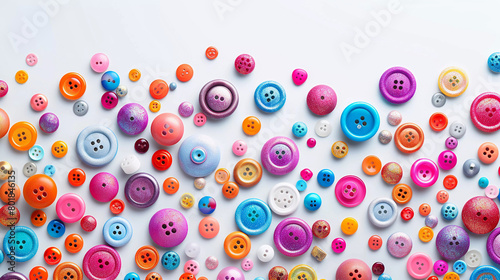 top view mix colors buttons background. colorfull pastel buttons against white background. sewing concept. copy space. white background with place for your text